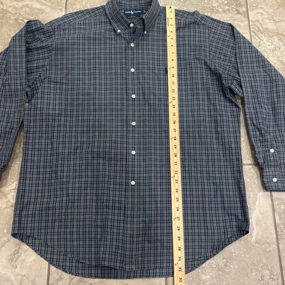 Ralph Lauren Blake Mens Large Plaid Button Down Shirt Navy Green 100% Cotton